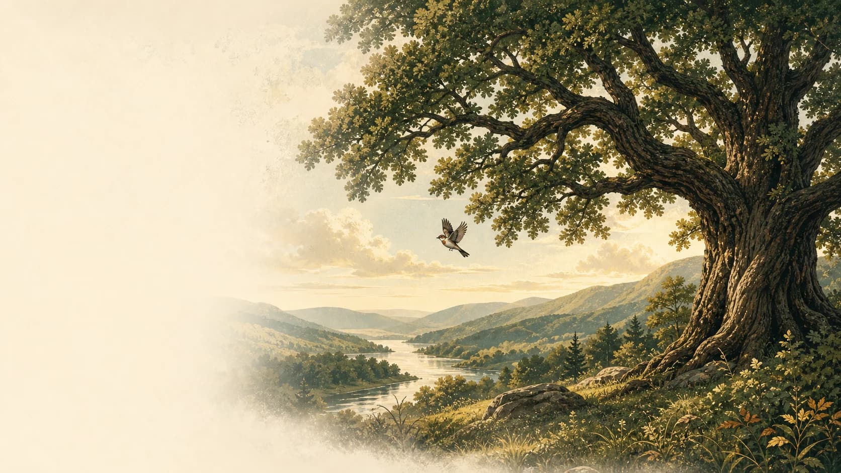 Old oak tree and flying finch overlooking a Pennsylvania river valley