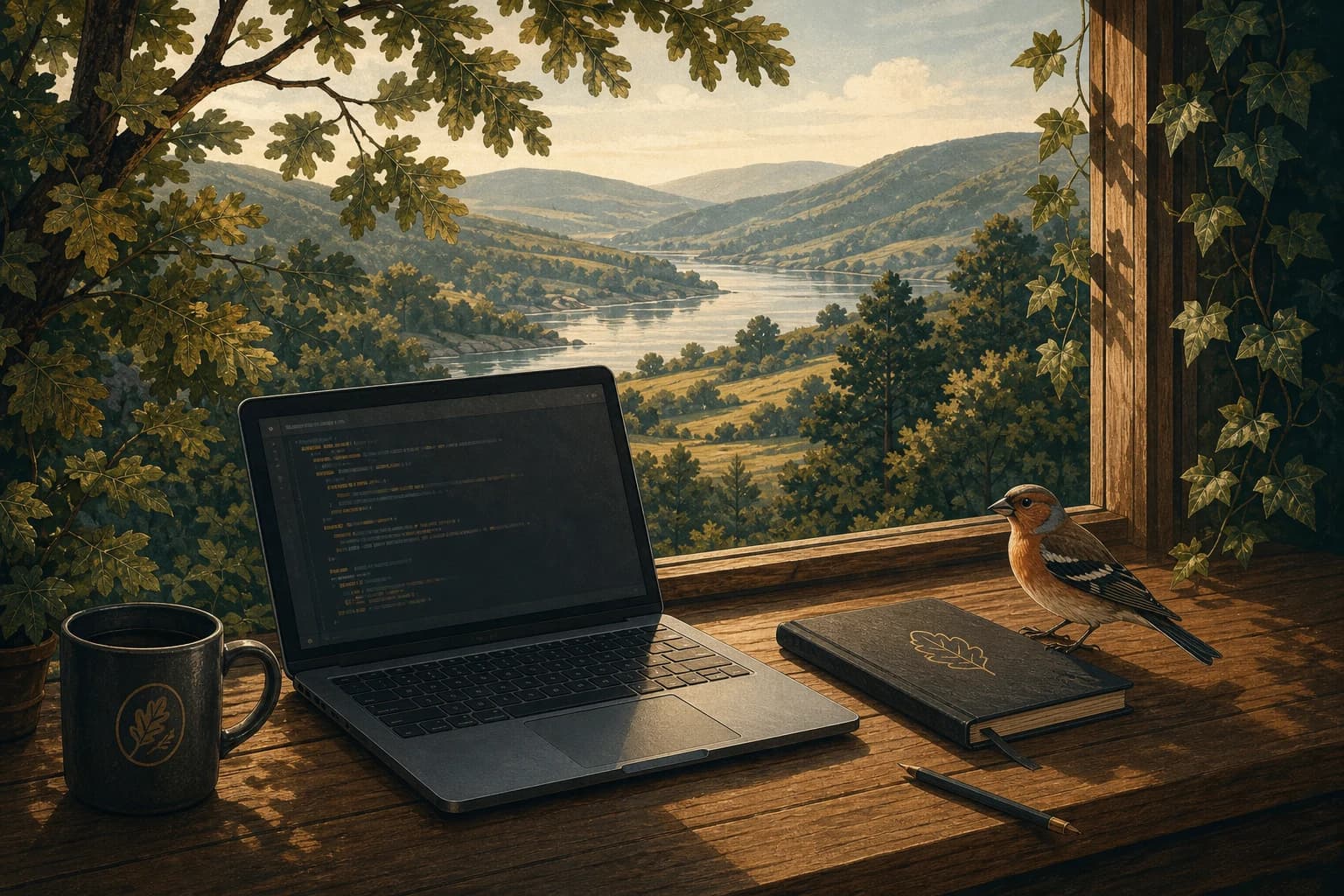 Illustrated studio desk with laptop, oak-leaf mug, notebook, and finch overlooking a river valley