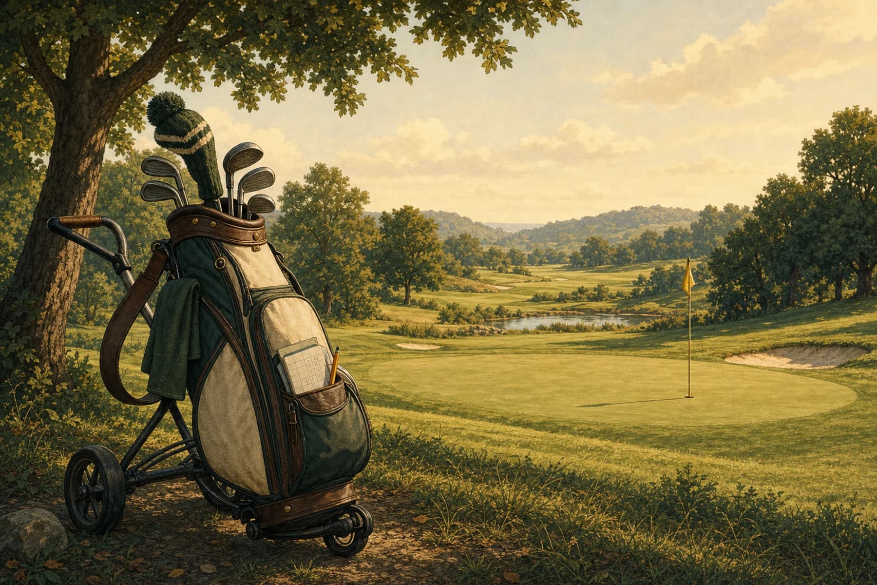 Illustrated golf bag beside a welcoming public golf course in warm afternoon light
